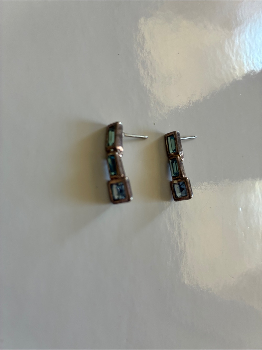 Vintage Triple Baguette Blue Crystal Stud Earrings